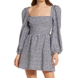 Reformation Brodie Puff Sleeve Linen Mini Dress in April Check Size 2